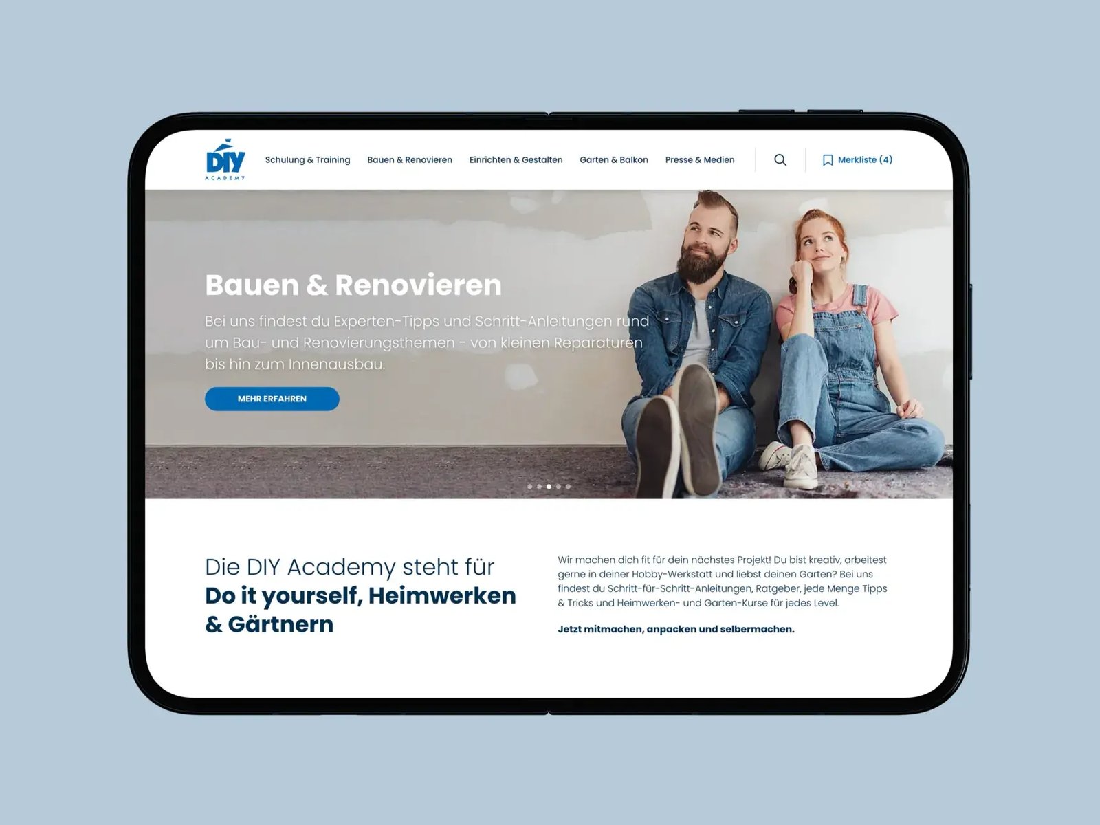 Webseite der DIY Academy auf einem Tablet