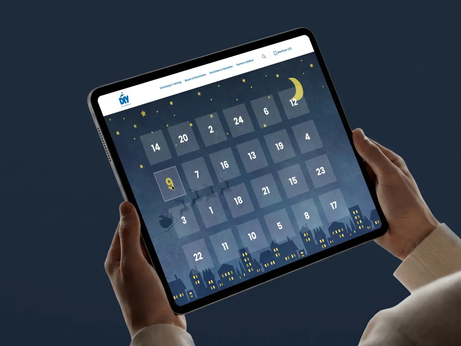 Digitaler Adventskalender der DIY Academy auf einem Tablet