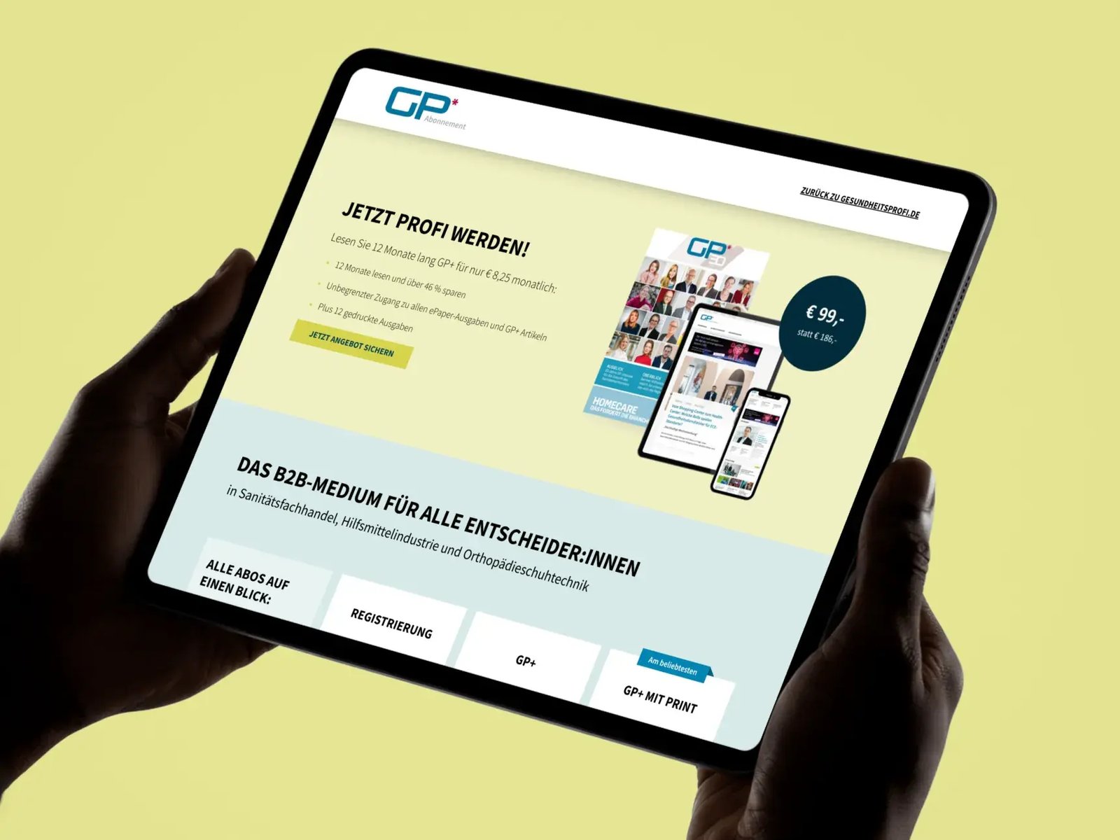 Abo-Landingpage von GesundheitsProfi auf einem Tablet