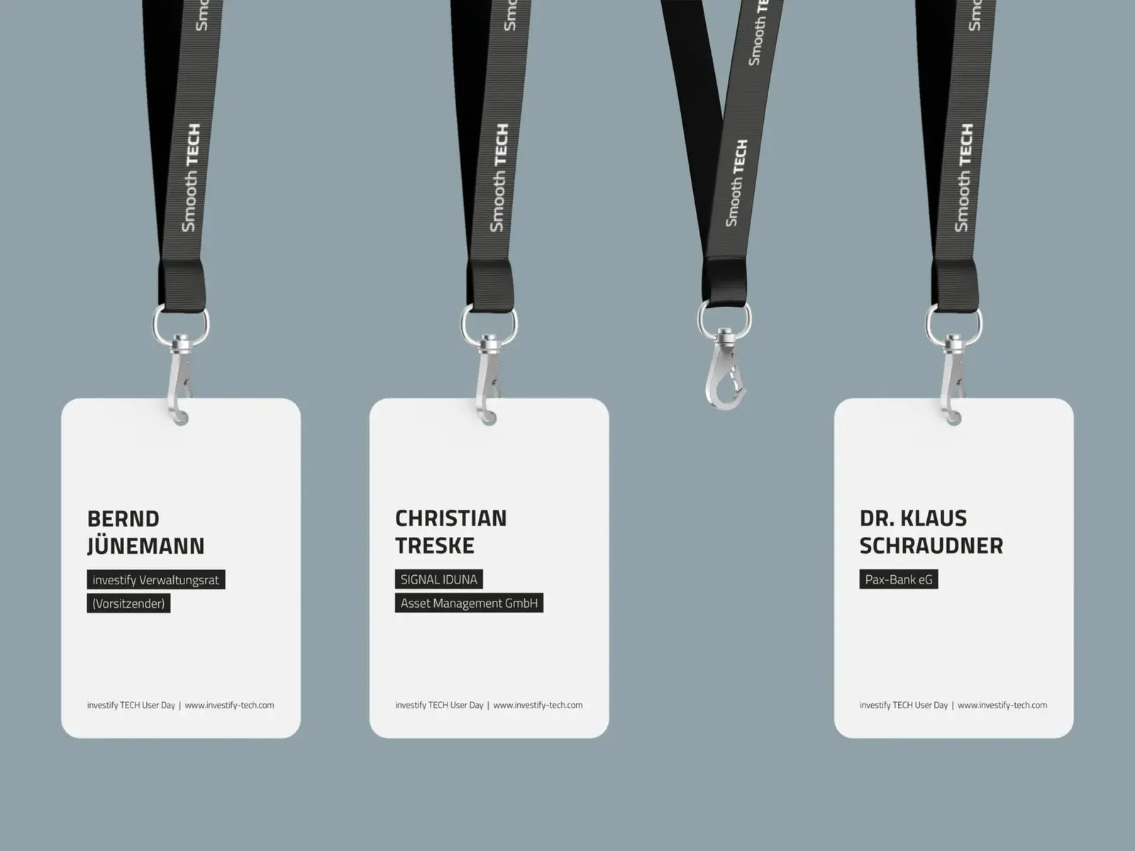 Drei Namensschilder am Lanyard für den User Day von investify TECH